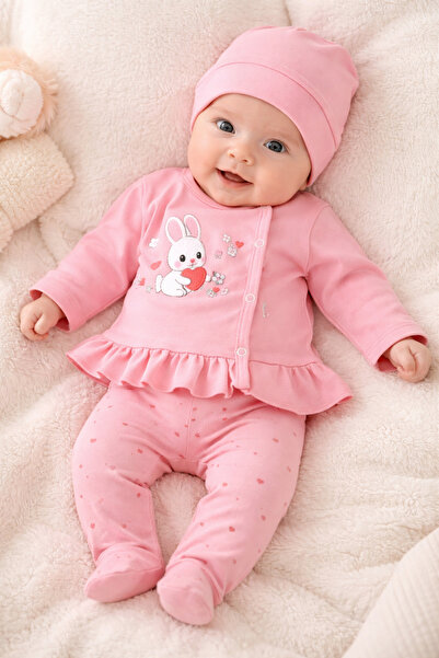 Bebelul Set roz pentru nou-născuți, 3 piese, cu design de iepuraș
