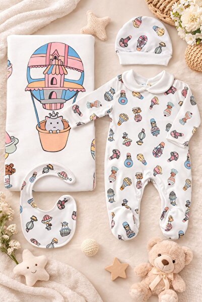 Baby day Cotton 4-Piece Baby Set-White with Colorful Prints-Elegant Design