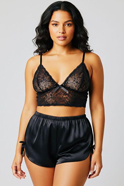 NOOALA GİYİM Women's Satin Shorts and Lace Bustier Set - Night Set