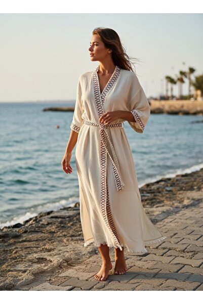 CESSTORE Ces Store Handmade Embroidered Linen Kaftan, 60% Linen 40% Cotton, B...