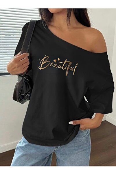 FUFLUNS Tricou de damă superb, imprimat, supradimensionat, cu guler bărcuță.