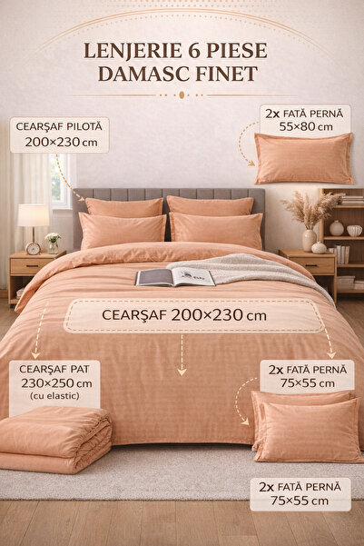 6-Piece Damask Bedding Set with Elastic, Casa Pucioasa, Fine Damask, Luxury Hotel, 4 Pillows miniatura 4