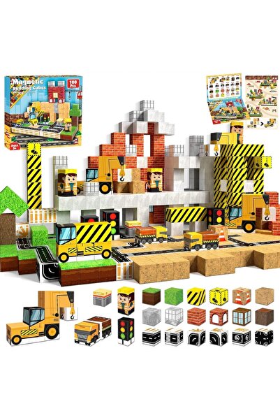 Malvys Μαγνητικά κύβοι pixel, εργοτάξιο και μηχανήματα 3D, 100 τεμάχια, 3+ ετών