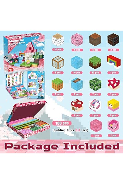 Malvys Cuburi magnetice pixel, curcubeu si unicorn 3D, 100 piese, 3+ ani