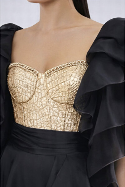 STARLİFE KADIN ABİYE SİYAH GOLD OMUZ DETAYLI ORGANZE ŞIK DAVET ELBİSE