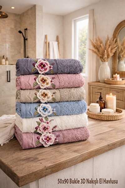 Bikaya Home 3D Embroidered Curly Hand Towel Set |   50X90 cm |   6 Pieces |  ...