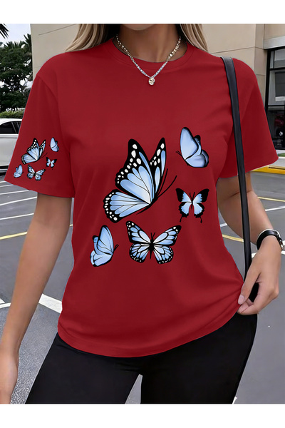 GALASHOP Yeni Trend Tarzı Tek Kollu kelebek Baskılı Kadın Spor Giyim tişört