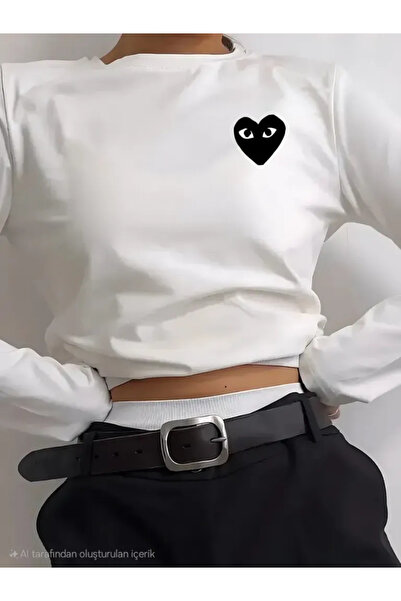 ELNOYA Women's White Heart Patterned Basic Sweatshirt