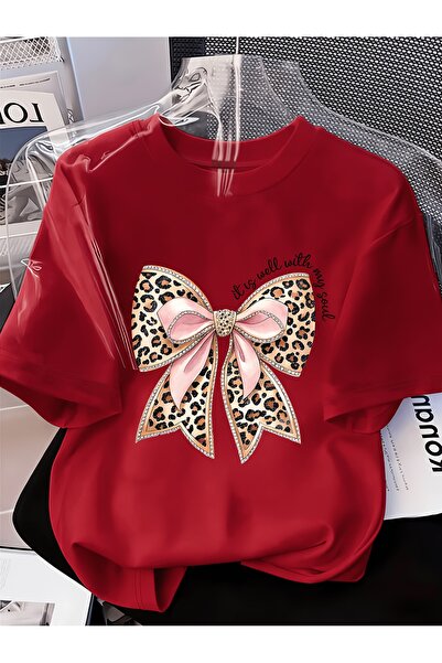 GALASHOP تي شيرت نسائي أنيق برقبة دائرية وطبعة فيونكة ونقشة جلد الفهد