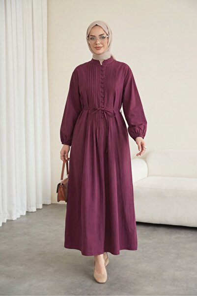 Modamorfo Rochie din poplin cu nervuri și jumătate de nasturi în față - prună