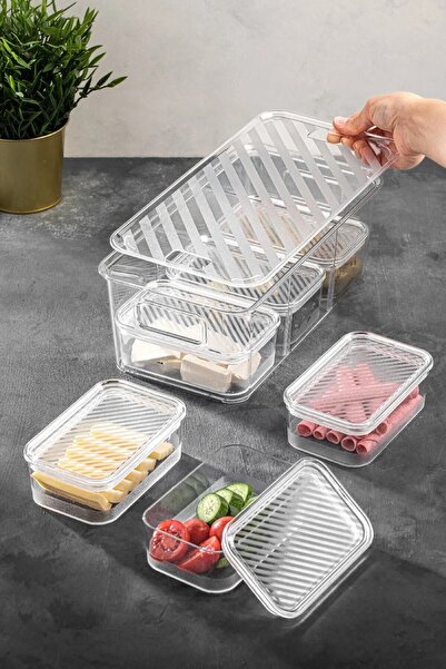 Saule 7 Bölmeli Akrilik Kapaklı Kutulu Saklama Kabı Seti Kahvaltılık Şeffaf -...