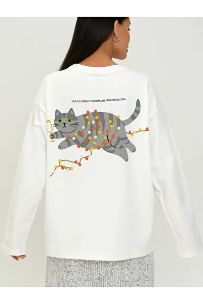 ELNOYA Christmas Themed Cat Printed White Sweatshirt