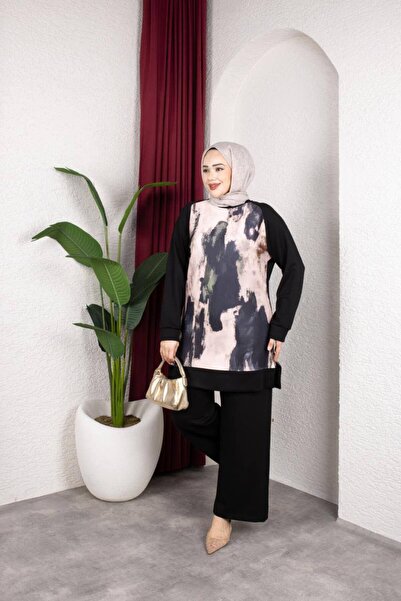 QUAWEAR Crew Neck, Side Zipper, Slit Front, Printed Tunic and Trousers, Knitt...