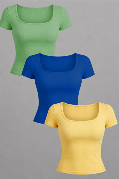 NERTH STYLE Set of 3 U-Neck Short Sleeve Ribbed Cotton Blouse T-Shirts