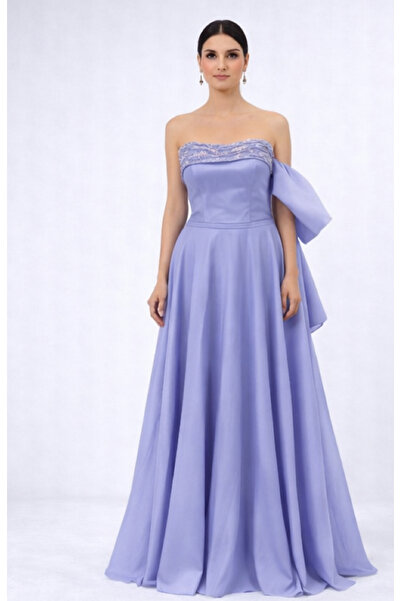 ÖMÜR INN KADIN ABİYE STRAPLEZ LİLA RENGİ TAŞ İŞLEMELİ UZUN PRENSES MODEL ŞIK ...