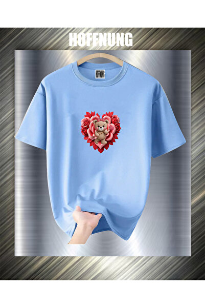 HOFFNUNG Unisex Short Sleeve Round Neck Cupid Bear Heart Printed Solid Color ...