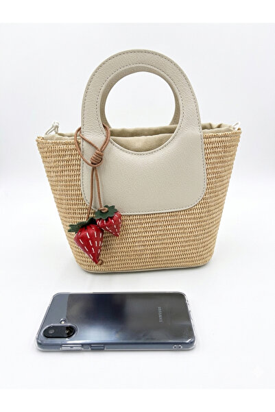 ESTE Woven Straw & Ecru Leather Mini Tote with Strawberry Charm