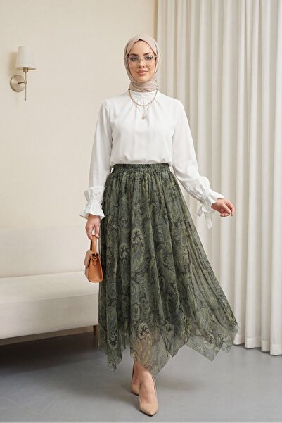 Modamorfo Φούστα σιφόν με ελαστική μέση και μοτίβο - πράσινο