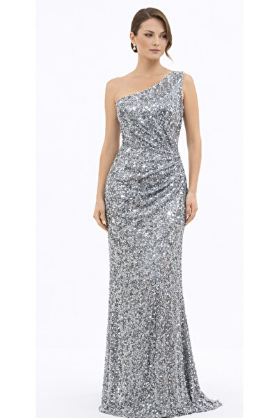 Elysion Collection KADIN ABİYE PAYETLİ TEK OMUZ DRAPELİ UZUN ŞIK DAVET ELBİSESİ