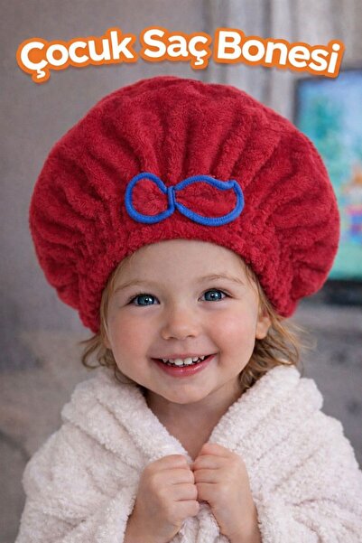 Febros Çocuk Saç Kurutma Bonesi KIRMIZI Mikrofiber Havlu Bone Banyo Sonrası H...