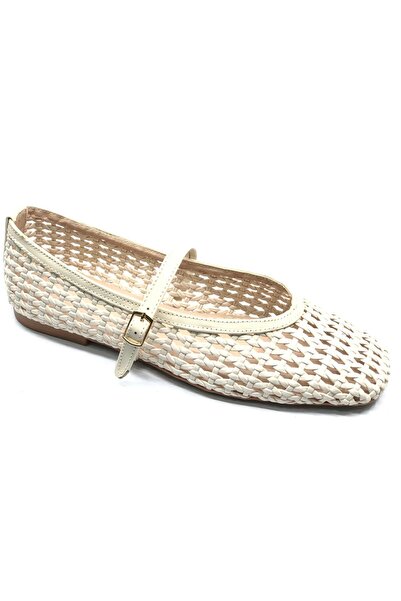 KOCAMANLAR Feles Belted Knitted Detailed Women's Ballerina Shoes Beige