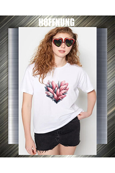 HOFFNUNG Unisex Short Sleeve Round Neck Feather Heart Printed Solid Color Tshirt