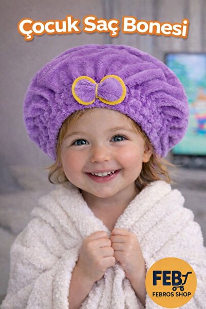 Febros Çocuk Saç Kurutma Bonesi MOR Mikrofiber Havlu Bone Banyo Sonrası Hızlı...