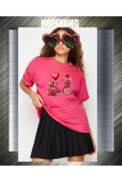 HOFFNUNG Unisex Short Sleeve Round Neck Bicycle Heart Roses Printed Solid Col...