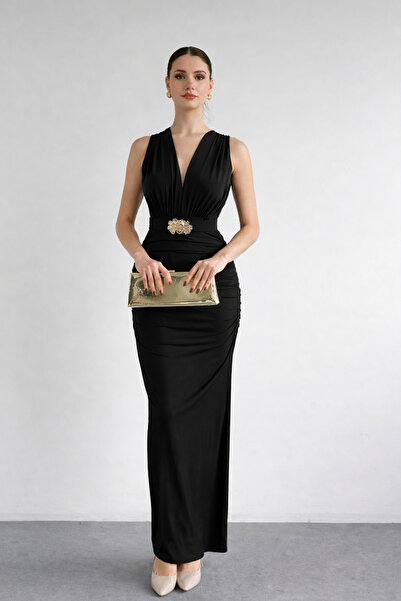 MİROR Women's Black V-Neck Dress with Accessory Detail and Belt