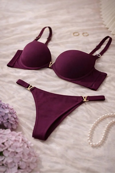 TAŞDELEN AVM Violet Model V Detailed Purple Supported Underwire Bra Set