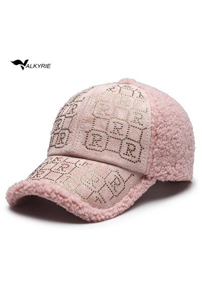 valkyrie Plush Hat for Women – Pink Color with Stone Detail, Winter Hat, Adju...