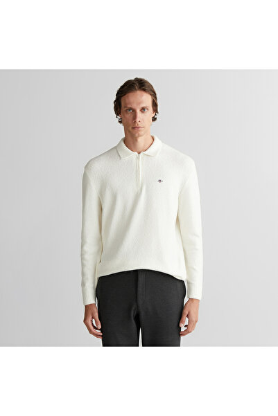 Gant Erkek Beyaz Relaxed Fit Fermuarlı Triko
