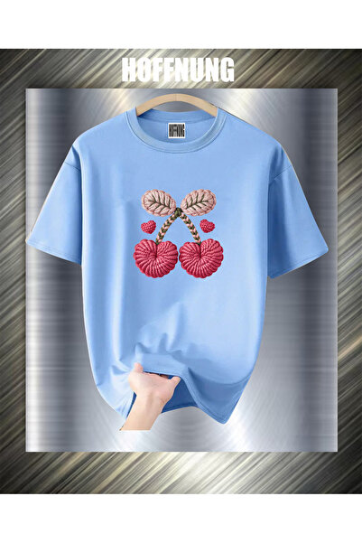 HOFFNUNG Unisex Short Sleeve Round Neck 2Cherries Heart Printed Solid Color T...