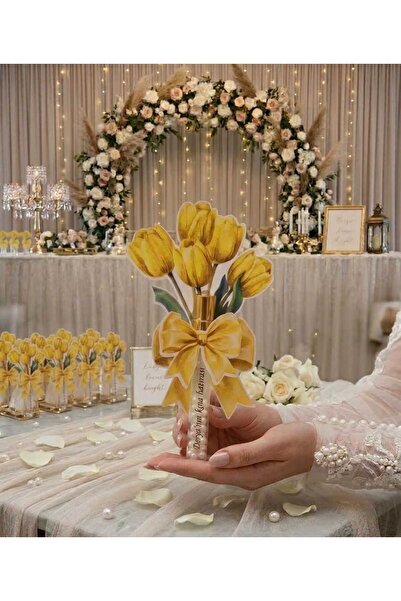 ByDeryaEvent Sarı Lale Kartlı İncili Fısfıs Kolonya Hediyelik 10 Adet Düğün N...