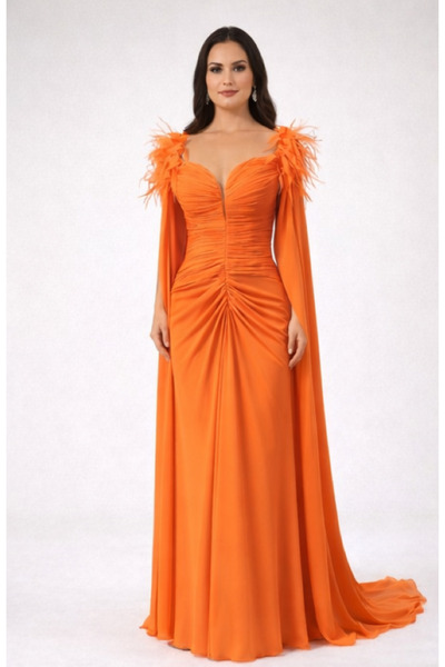 Zeyn KADIN ABİYE DRAPE VE OTRİŞ DETAYLI PELERİNLİ UZUN ŞIK DAVET GECE ELBİSESİ