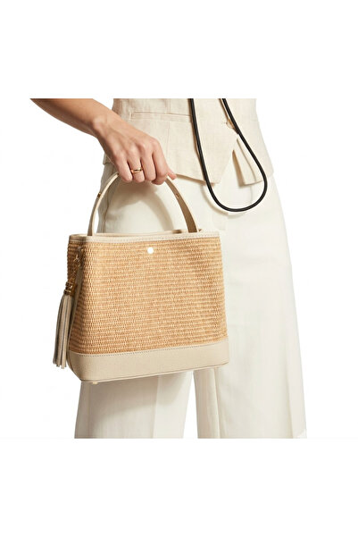 ESTE Elegant Raffia & Pebbled Leather Tassel Bucket Bag. Made in Italy