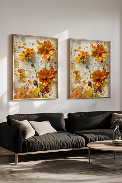 STARYUNA Wooden Framed Autumn Flower and Leaf Themed Double Painting Set Yuna667
