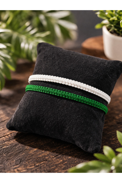 Crystal Atelier Green and White Fan Bracelet - Unisex Macrame Knitted Fan Bra...