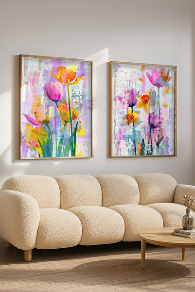 STARYUNA Wooden Framed Colorful Floral Patterned Double Painting Set Yuna664