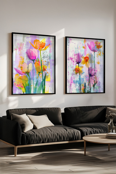 STARYUNA Black Wooden Framed Colorful Floral Patterned Double Painting Set Yu...