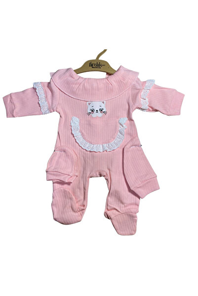 OEM Βρεφικό ολόσωμο φορμάκι με γατάκι και διακοσμητική δαντέλα