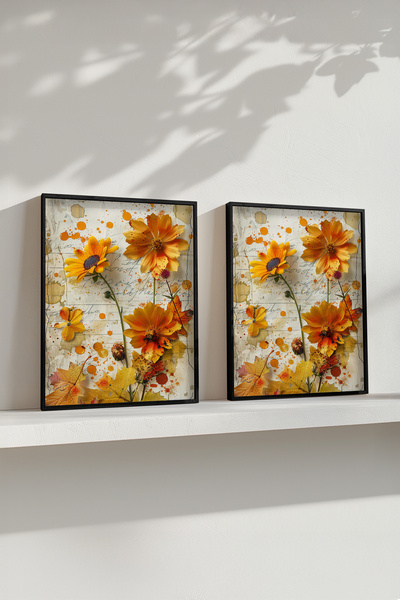 STARYUNA Black Wooden Framed Autumn Flower and Leaf Themed Double Painting Se...