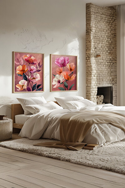 STARYUNA Wooden Framed Pink Background Floral Pattern Double Painting Set Yun...