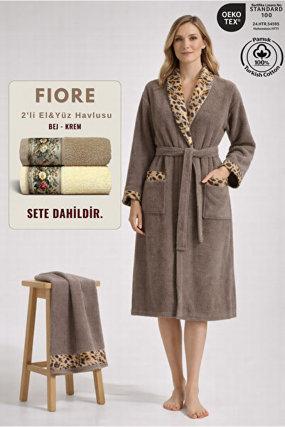 Ellaline 2 Piece Leopard Patterned Women's Bathrobe Set 100% Cotton Certified...