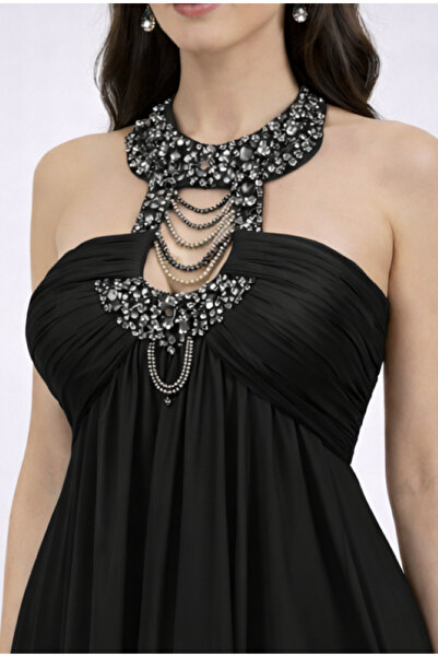 Zeyn KADIN ABİYE BOYUNDAN BAGLAMALI BOYUN KISMI TAŞ İŞLEMELİ ŞİFON UZUN ŞIK D...