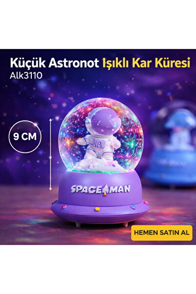 KOLAYEV Küçük Astronot Işıklı Kar Küresi 9 Cm | LED Işıklı Dekoratif Kar Küre...