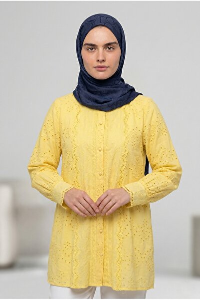 Lunfia Dantelli Astarlı Top Düğmeli Gömlek - Sarı