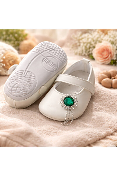 Bebelul Elegant white BOAC sandals for girls with a green gemstone