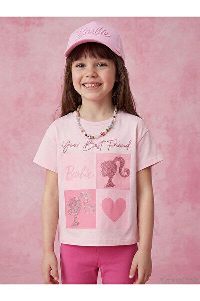 LC Waikiki Original Oval Collar Barbie Printed Girls' T-Shirt
