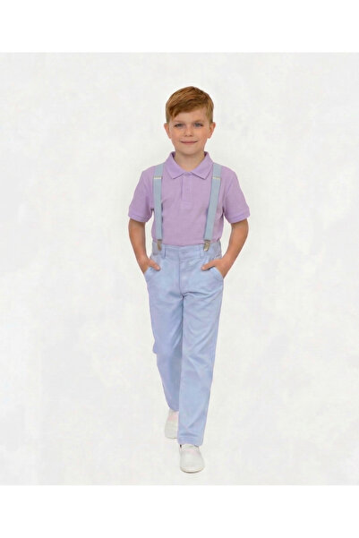 NACAR STORE Boy's Blue Trousers and Suspender Lilac Collared T-Shirt Set 23 A...